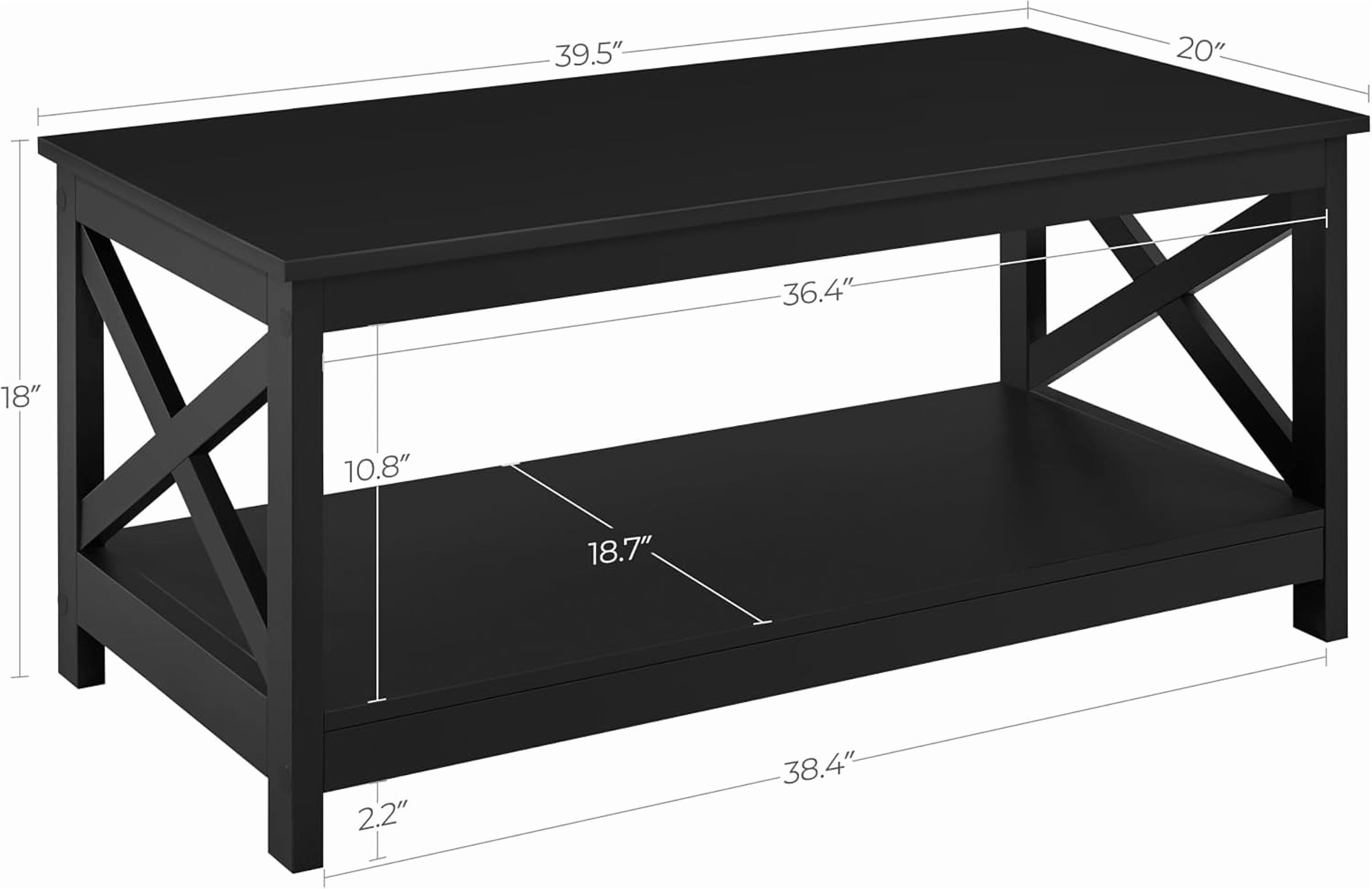 Wood 2-Tier Black Coffee Table with Storage Shelf for Living Room, X Design Accent Cocktail Table, Easy Assembly Home Furniture, 39.5 x 20 x 18 Inches