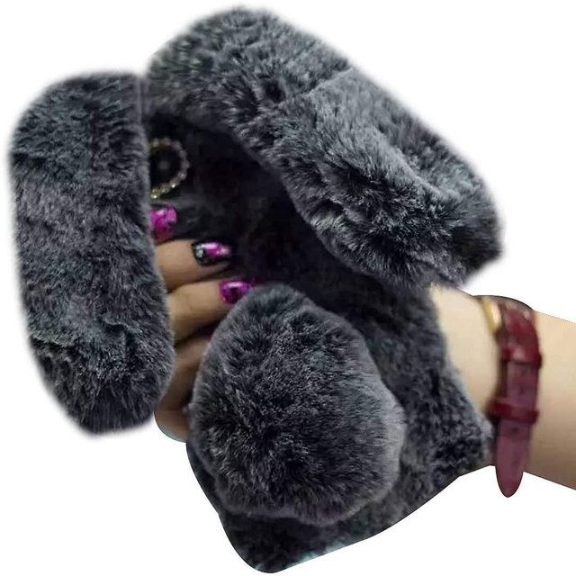 Compatible con la funda Oneplus Nord N100, linda funda para teléfono peluda con orejas de conejo de peluche 3d, funda cálida de invierno de piel suave y esponjosa