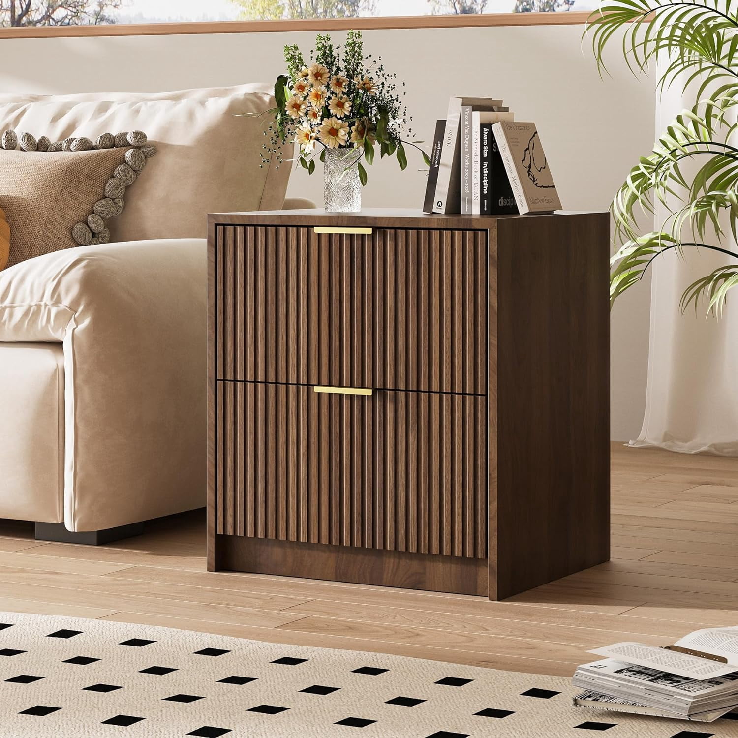 FURNIWAY Set of 2 Fluted Nightstand with 2 Drawers, Modern Storage Bedside Table with Golden Metal Handles, Wooden End Table for Bedroom, Living Room,Walnut