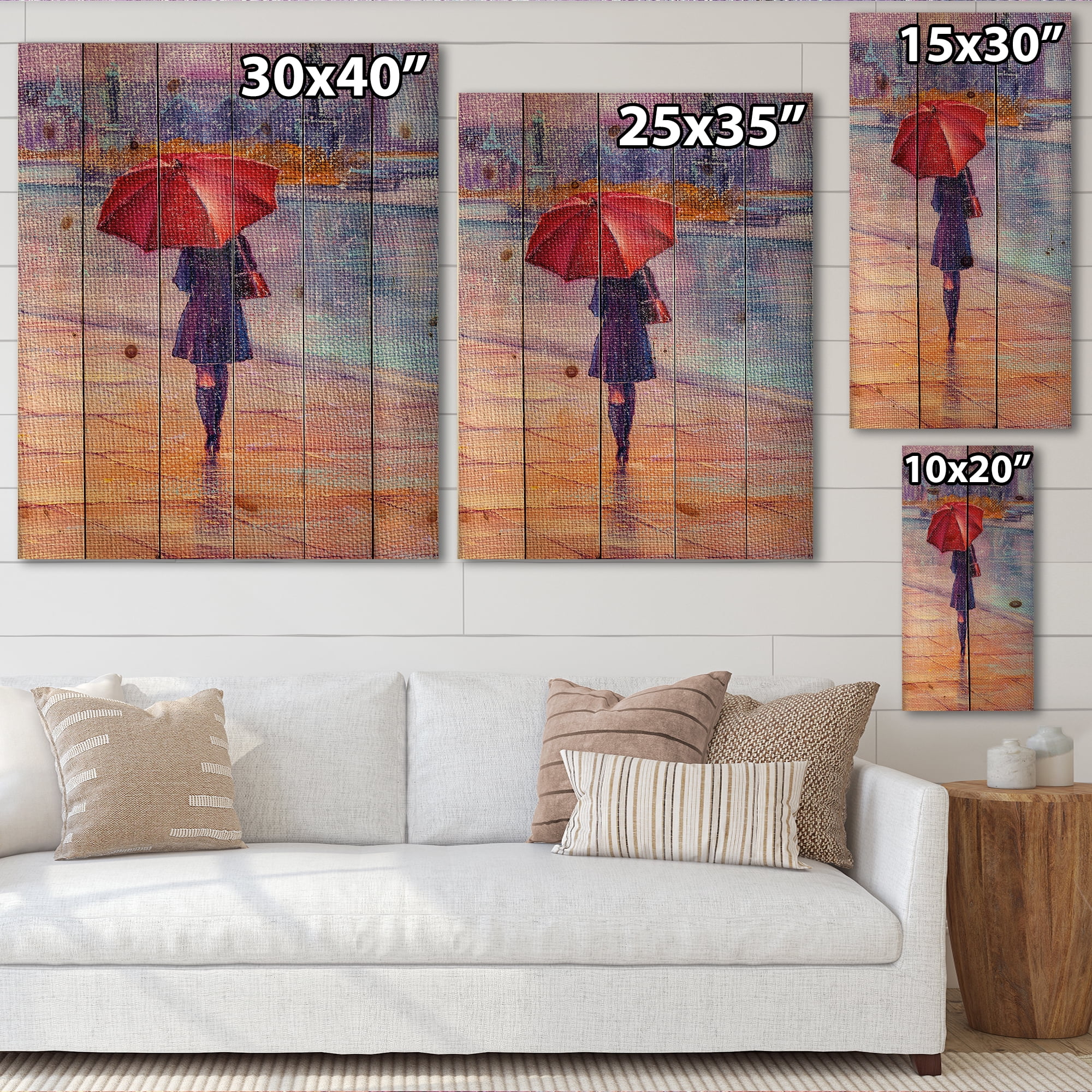 Designart 'Girl Walking With Red Umbrella Under The Rain' French Country Print on Natural Pine Wood