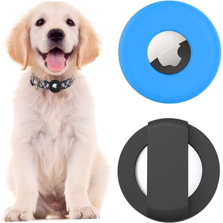 2 Pack Silicone Protective Case for Airtags, Dog Cat Collar Accessories Pet Loop Holder Cover Compatible with AirTag 2021, Soft Anti-Dropping Light Weight - (Black+Blue)