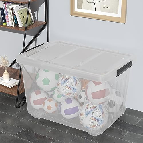 70 Quart Large Plastic Storage Box, Clear Latching Bin with Lid and Wheels, 4 Packs