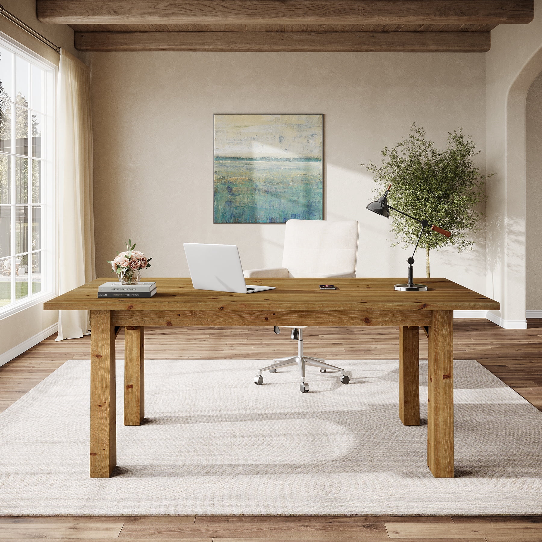 Solid Wood Executive Desk, 63" Farmhouse Home Office Computer Desk Writing Table Conference Table