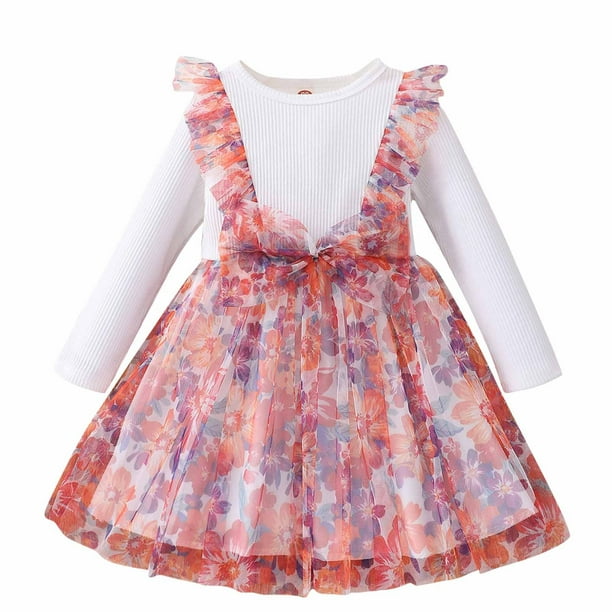 Vestido Para Niñas, Ropa Para Niñas Pequeñas, Primavera Otoño, Vestido De Manga Larga Con Lazo De Malla De Flores Para Niños Pequeños, Vestido De Princesa Blanco Odeerbi LM103-7402