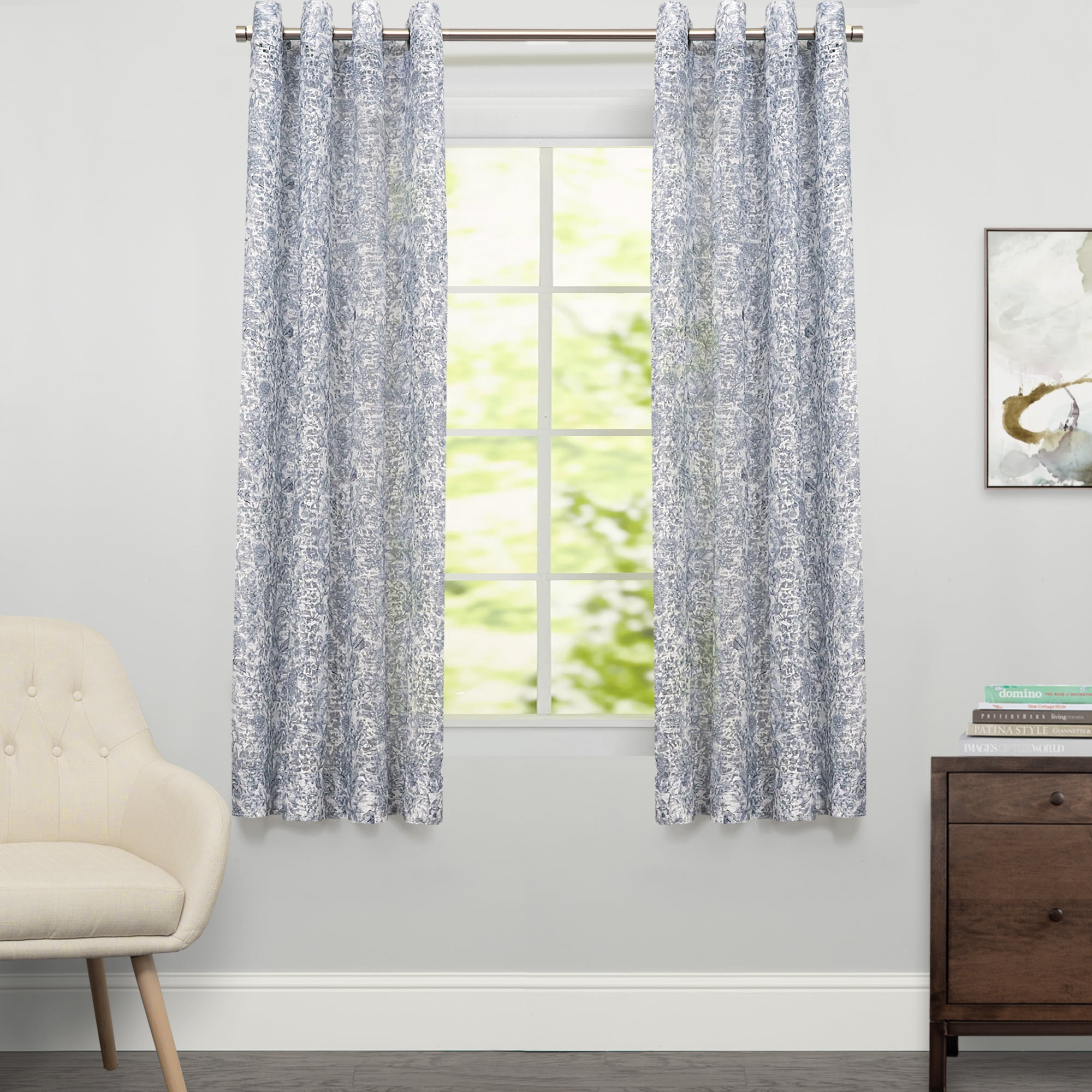 Toile Lace Grommet Floral Window Curtain Single Panel 63"x54"