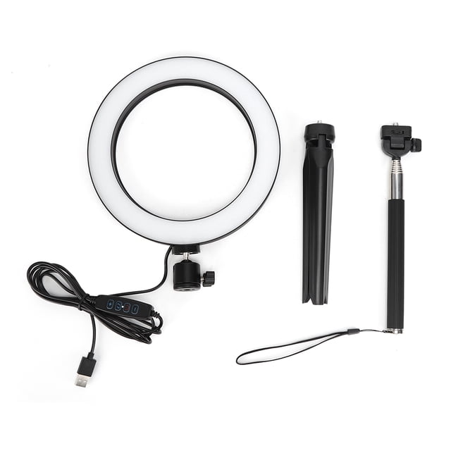 Anillo de luz LED de aleación de aluminio de 20 cm, regulable, 3200 K-5500 K, puerto USB, lámpara de fotografía con trípode y palo selfie.
