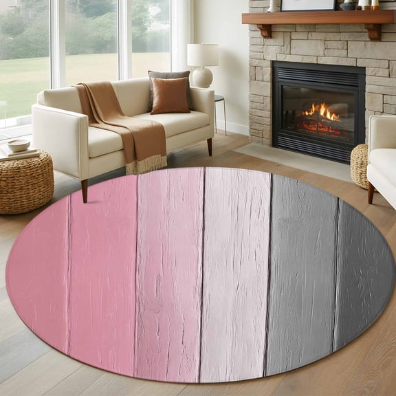 Pink Gray Ombre Round Area Rug 5 FT, Non Slip Bedroom Area Rug, Vintage Country Wooden Washable Soft Circular Carpet Non-Shedding Floor Mat for Kitchen Dining Room Foyer Balcony Dorm