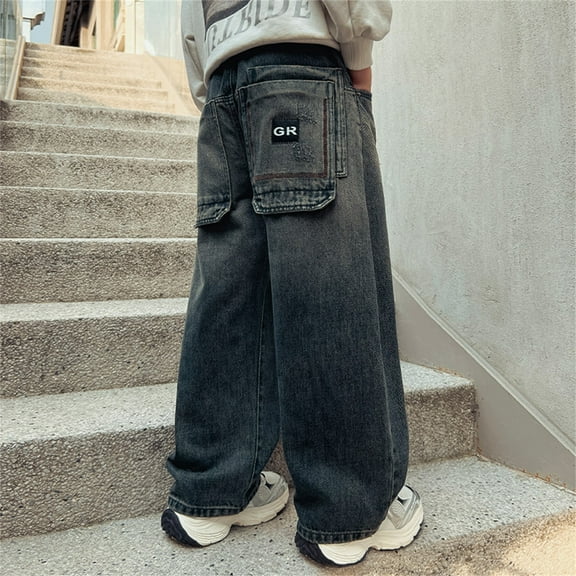 Boy's Baggy Denim Pants Loose Fit Skateboard Denim Pants Streetwear Durable Kids Boys Pull on Denim Pants with Flap Pocket for Kids
