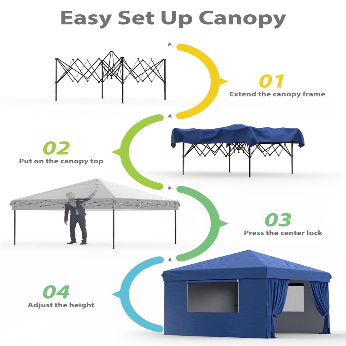 Soonbuy 10x10 Pop Up Canopy with 3 Sidewalls,Easy Up Camping Tent with One Button Push Setup - 1 Roller Bag, 3 Adjustable Height, 4 Weight Bags for Deck, Garden, Sports, Beach, Party