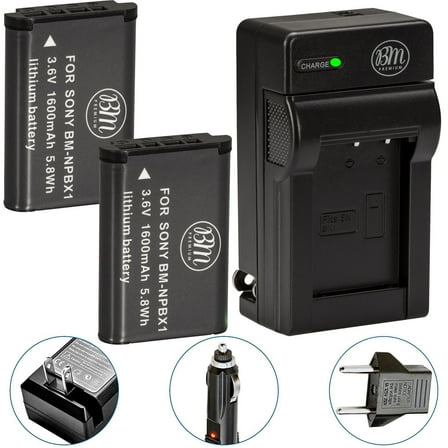 BM Premium 2 Pack NP-BX1/M8 Batteries and Charger for Sony CyberShot DSC-RX100, RX100 V, DSC-RX1R II, HX50V, HX60V HX80V, HX90V, WX300, WX350 Cameras