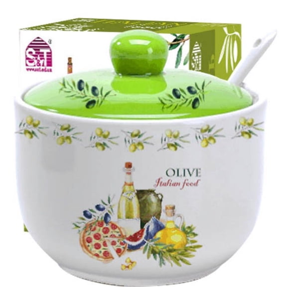 STP GOODS Italian Herbs Ceramic Sugar Bowl with Spoon and Lid 15.2 fl oz (450 ml) Sugar Jar Sugar Container for Kitchen 4.3x3" (11x7.5 cm) White Green