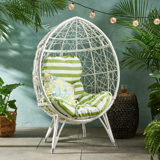 Hendryx Outdoor Wicker Teardrop Chair with Cushion White and Green