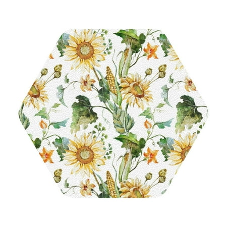 

Coaee Watercolor Bright Sunflowers Print Leather Coasters Set of 6 Non-Slip Washable Cup Coasters for Home Office Bar Hexagon