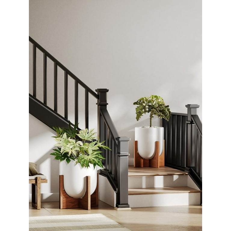 BEMAY 12 Inch White Ceramic Planter with Wood Stand photo 6
