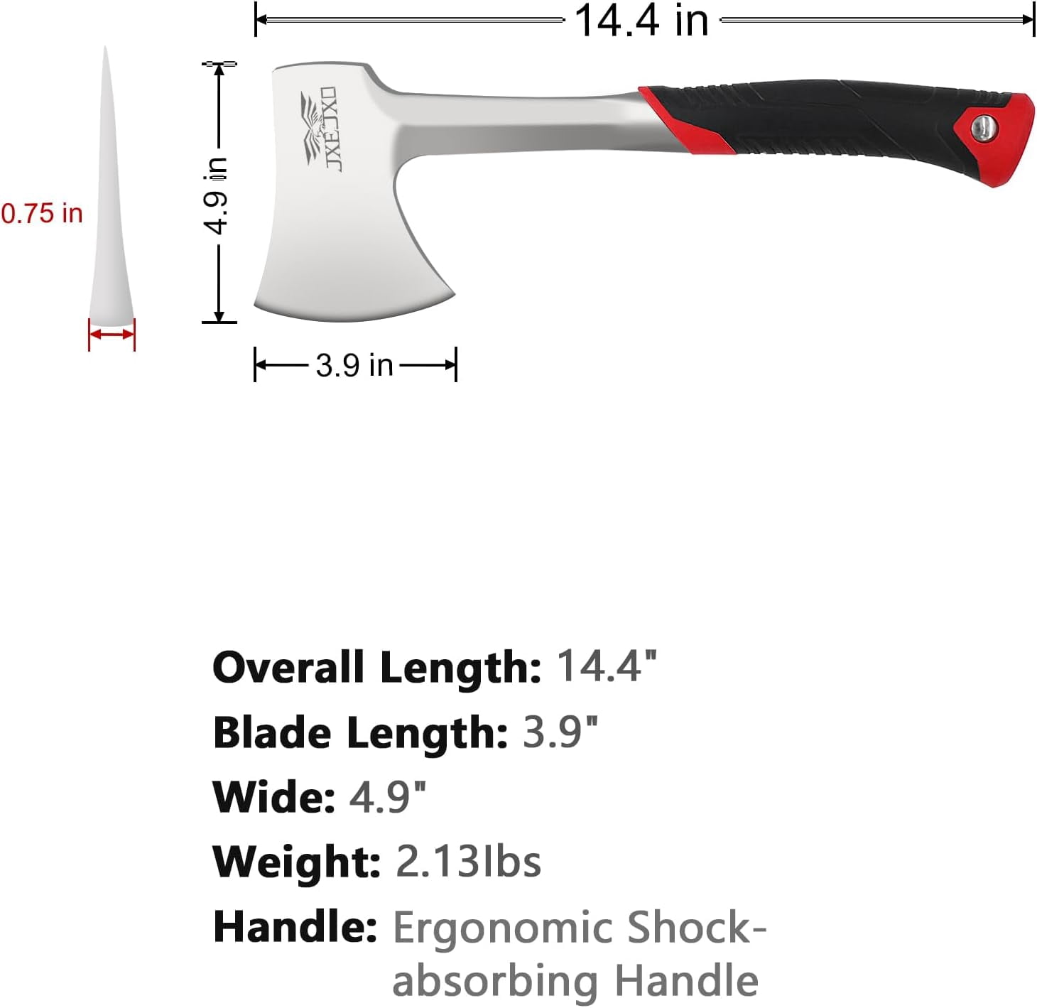 JXE JXO 14.4" Camping Hatchet with Full Tang Forged Steel Head and Shock-Absorbing Grip, Includes Durable Nylon Sheath, Red Handle