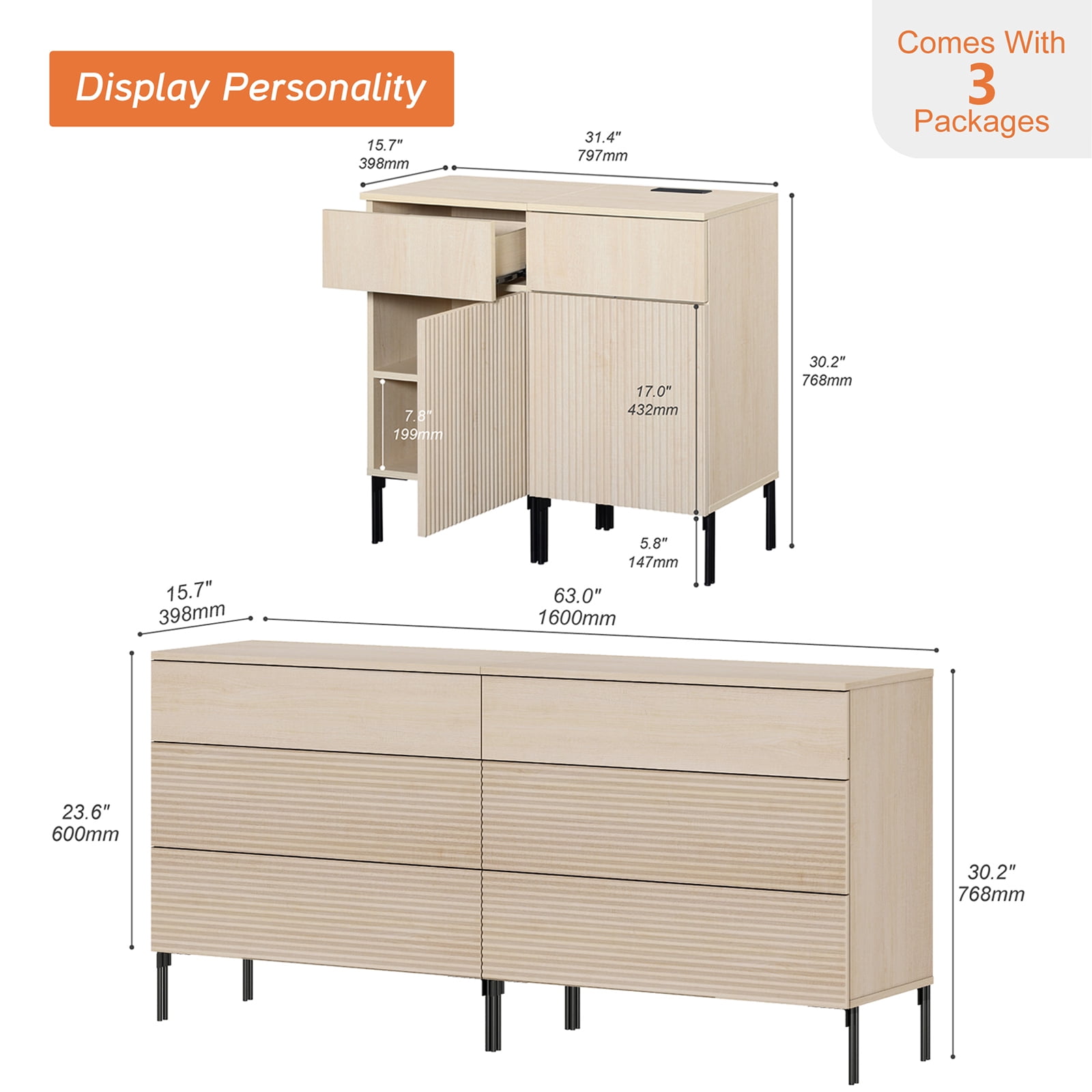4 Pcs Bedroom Set，6 Drawer Dresser and Nightstand Sets for Bedroom, Night Stand Set of 2, Double Dresser with Reeded Design, Wood Chest of Drawers Modern Storage Cabinet Set