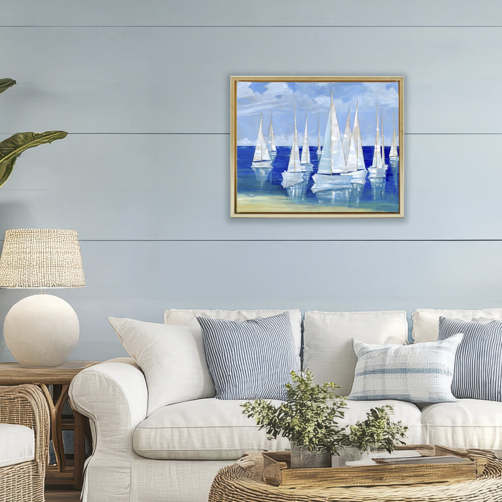 Stupell Industries Blanco Beach Sailboats Gold Framed Floater Canvas Wall Art, design by Paul Brent