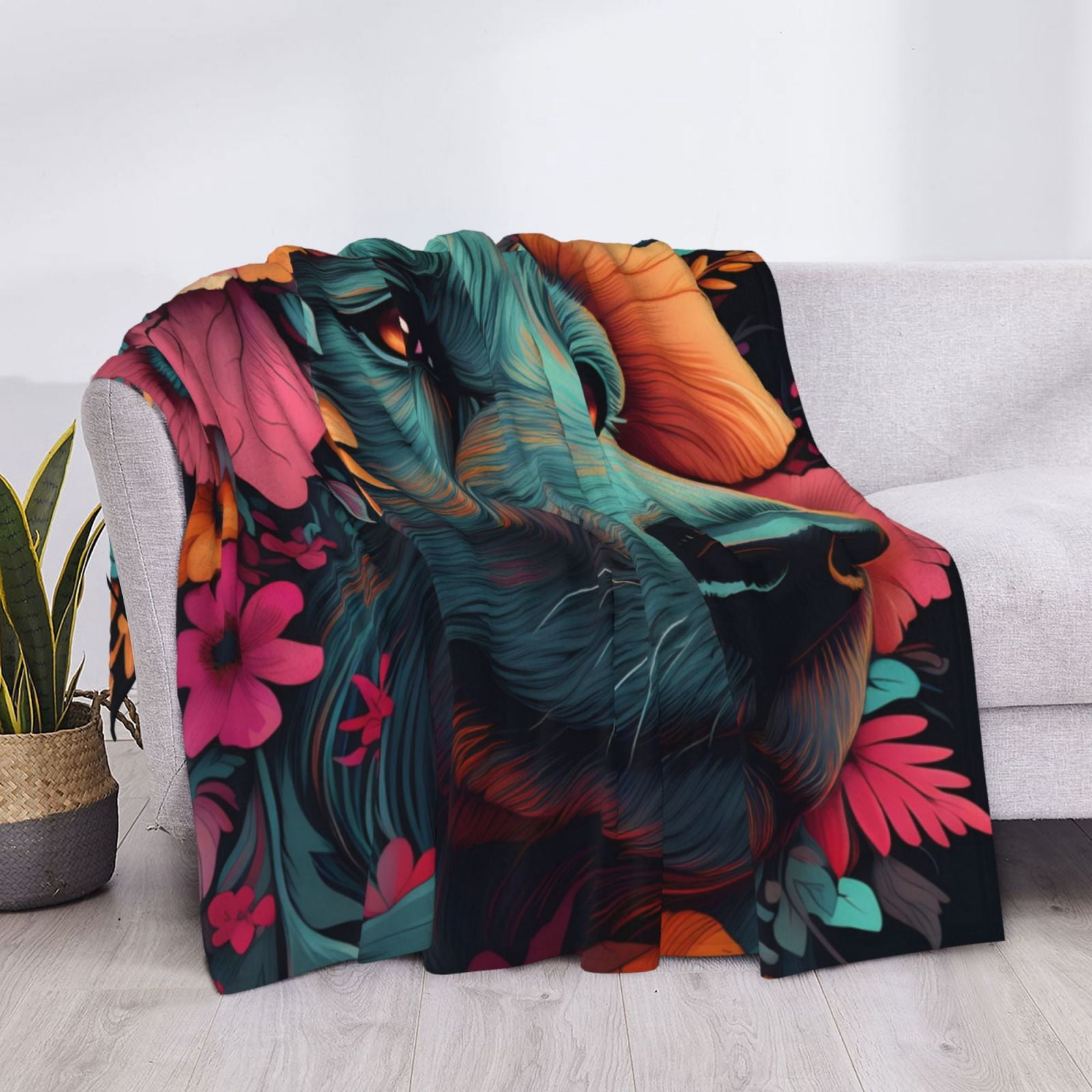 Throw Blanket for Couch - Colorful Flower Dog A Soft Comfy Lightweight Cozy Warm Throw Blanket, Fuzzy Plush Flannel Blanket & Throws for Sofa and Bed All Season
