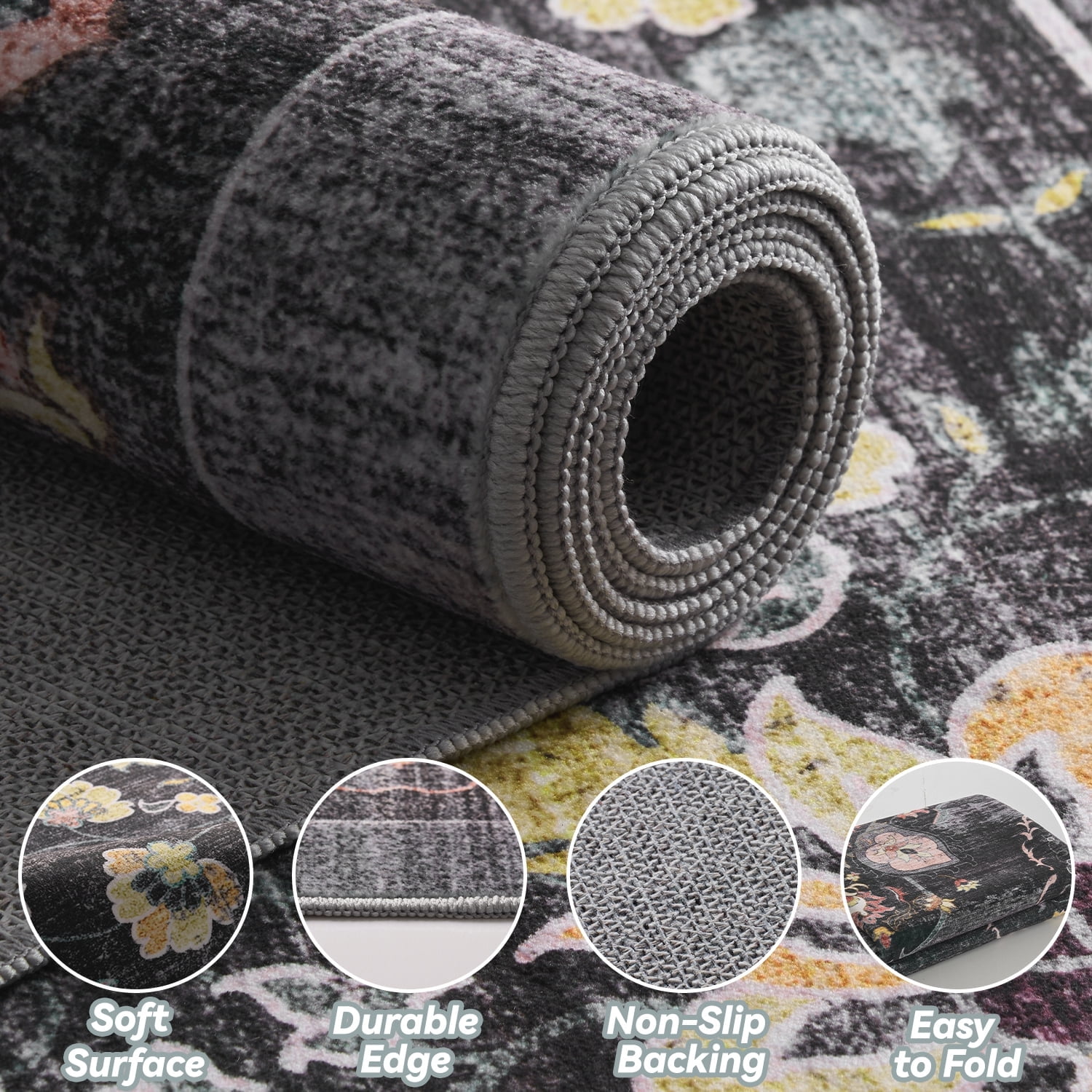VUNATE 9'x12' Area Rugs for Living Room Washable Rugs Floral Vintage Area Rug Botanical Indoor Carpet Soft Rugs for Bedroom Office Dining Room Kitchen Accent Rug Contemporary Home Decor Black