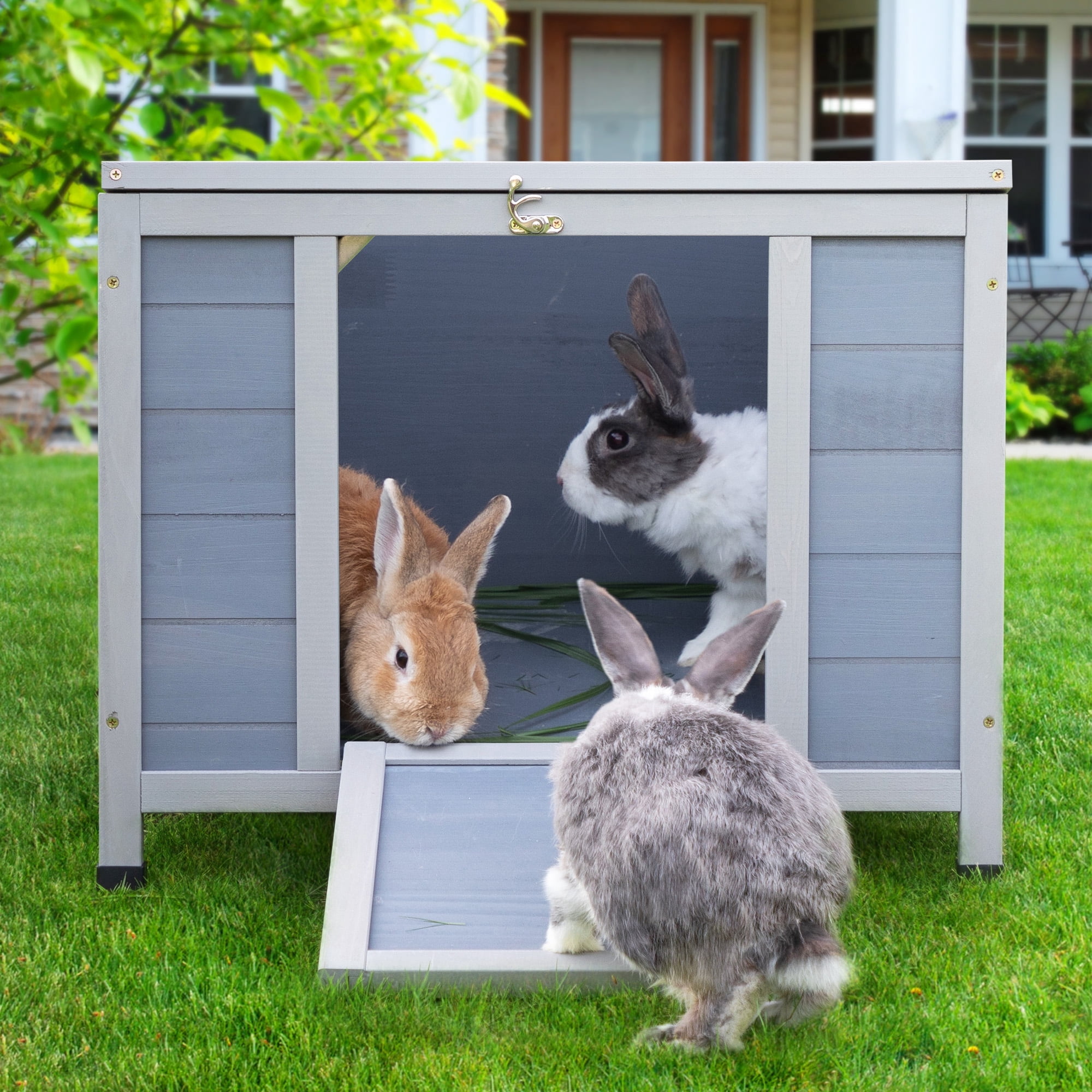 COZIWOW 24inches Wooden Catio Outdoor Cat House Small Animal House，Rabbit Hutch Indoor，Stable Weatherproof Bunny Cage Insulated Pet Shelter for Small Cat Dog Rabbit Guinea Pig(Grey)