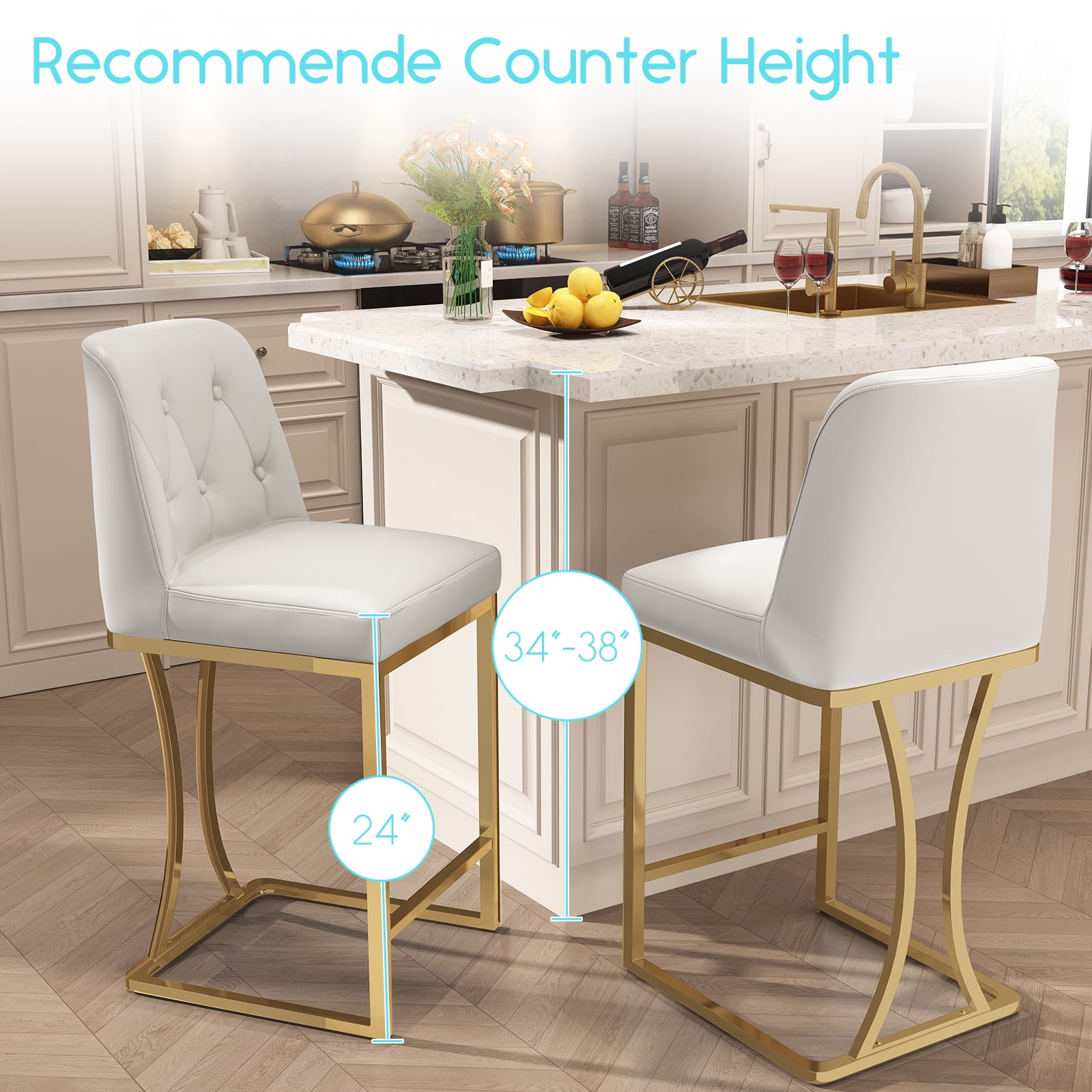 iooHug Set of 4 White Bar Stools, 24" Counter Height Bar Stools, PU Leather Kitchen Island Stools with Back and Gold Footrest, Modern Bar Chairs for Dining Room or Home Bar