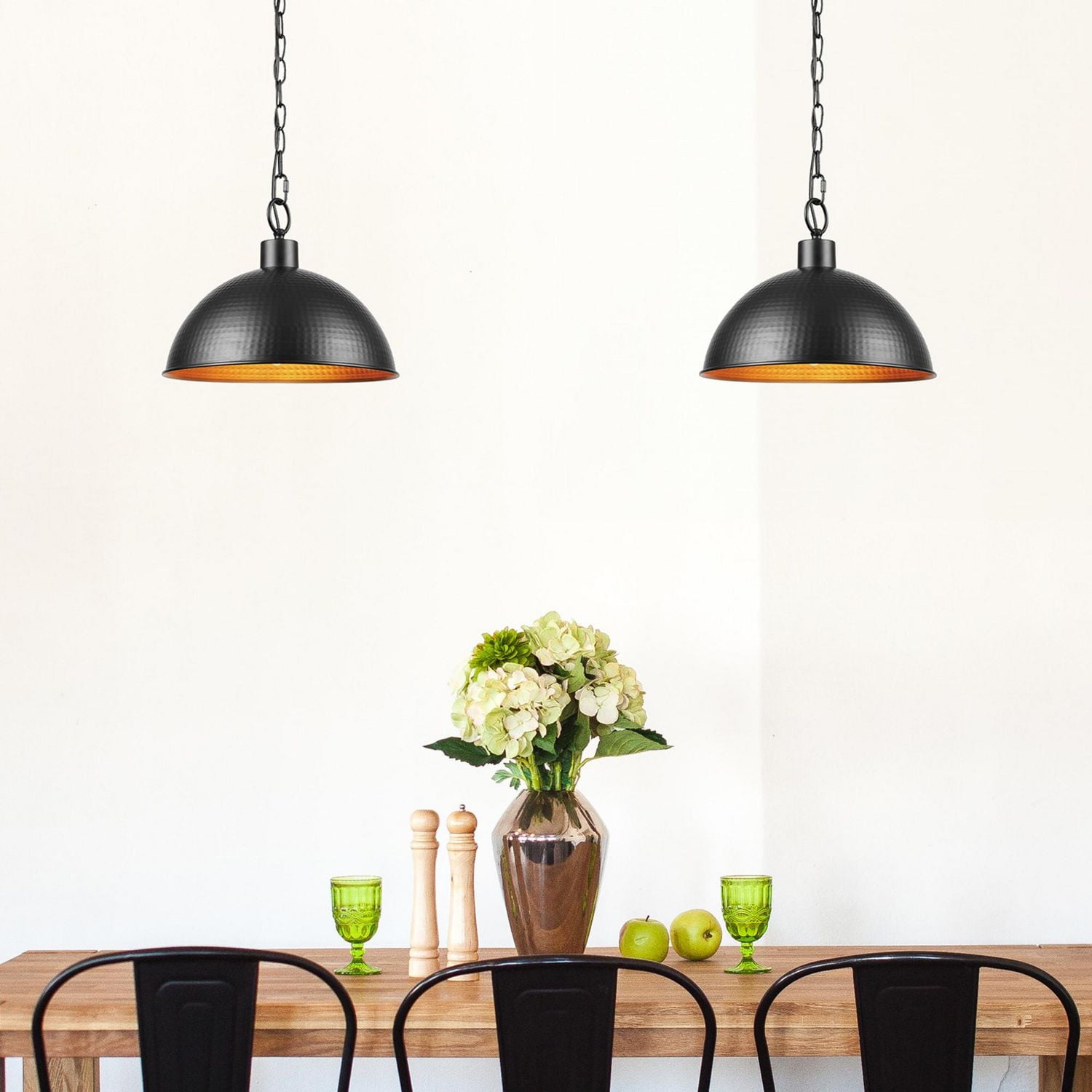1-Light Weathered Black Pendant Light with Hammered Metal Gold Interior Shade