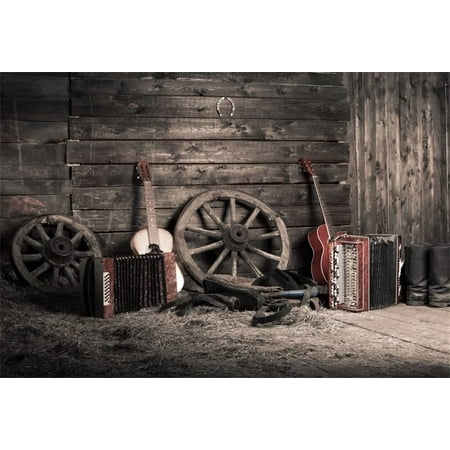 Image of 10x8ft Shabby Wooden Barn Photography Backdrop Farmhouse Interior Wheel Guitar Musical Instruments Haystack Photo Background Travel Portrait Photo Booth Props