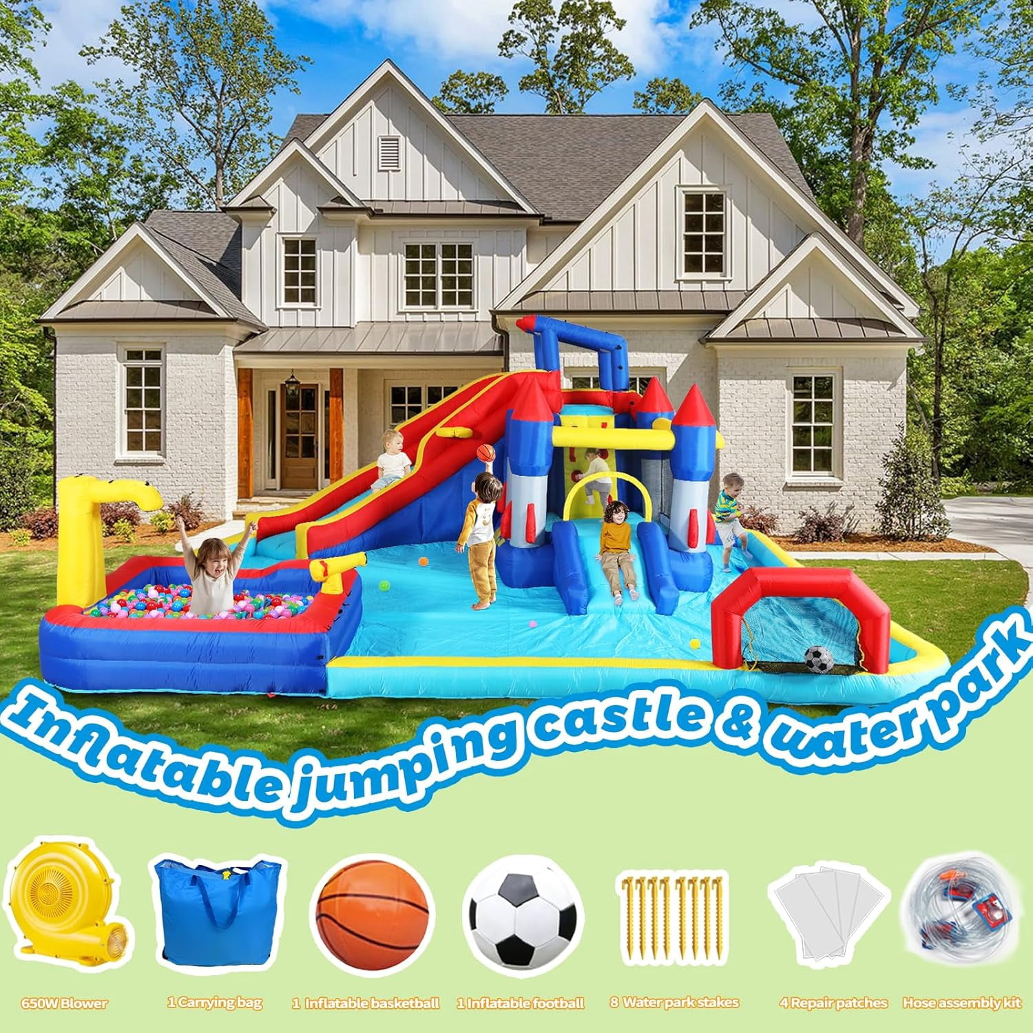 Acpouw 10 in1 Inflatable Water Slide for 3-12 Years, Bounce House with Climbing Wall, Ball Pool, Water Guns, Basketball Hoop, Soccer, Boxing Game, Indoor/Outdoor Kids Bouncy Castle with Blower
