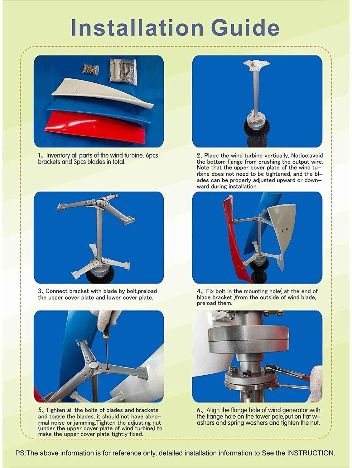 Fichiouy Turbine Generator 6-Blade 24V Wind Turbine High Power Wind  Generator Kit for Home Garden 300W 