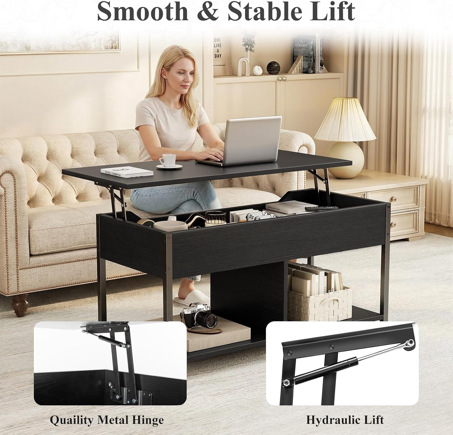 Coffee Table, Lift Top Living Room Coffee Table, Dining Center Tables with Storage Shelf and Hidden Compartment, Black