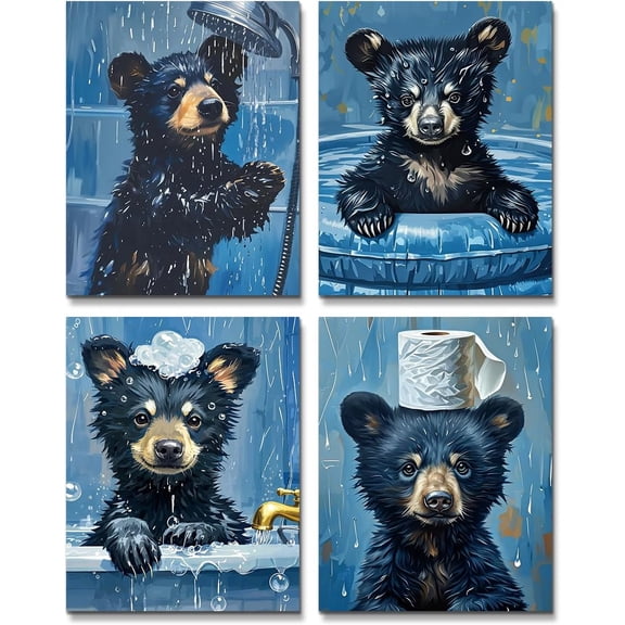 Funny Bathroom Bear Canvas Wall Art Decor Black Bear Print Posters,Blue Humor Animal Wall Decors for Kids Restroom Bathroom Decoration Set of 4 (8x10inch,Unframed)