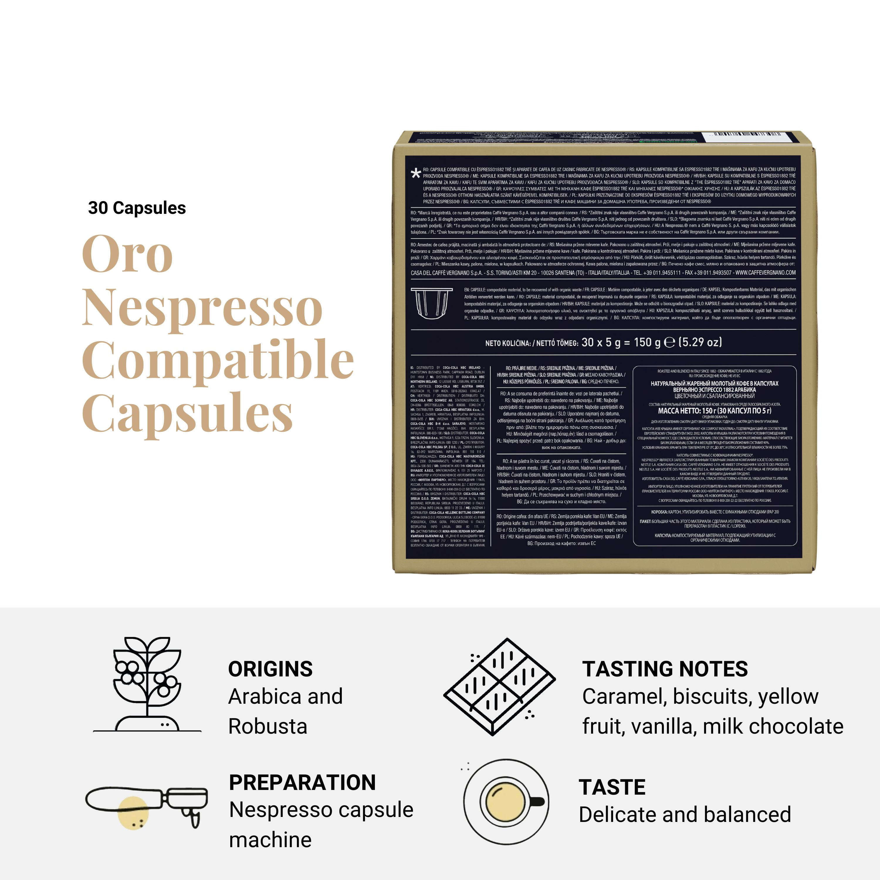 Caffe Vergnano 1882 Medium Roast Espresso Original Line Machine Compatible Capsules, Single-Serve Arabica Robusta Espresso, Italian Coffee For Nespresso Coffee Machines, Intensity 4/10, Oro, 30 Ct