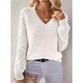 thumbnail image 5 of Women V Neck Knit Hollow Openwork Lantern Long Sleeve Ribbed Cuff Loose Fit Knit Pullover Sweater White L, 5 of 8