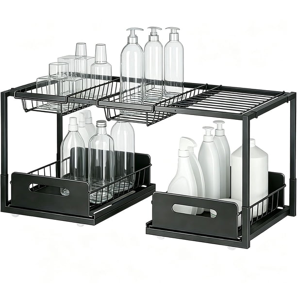 Organizador Bajo Fregadero de 2 Niveles, Estantería de Cocina Extensible, Organizador de Fregadero, Gabinete para Fregaderos, Armarios, Cocinas y Baños (Negra Cesta Doble)