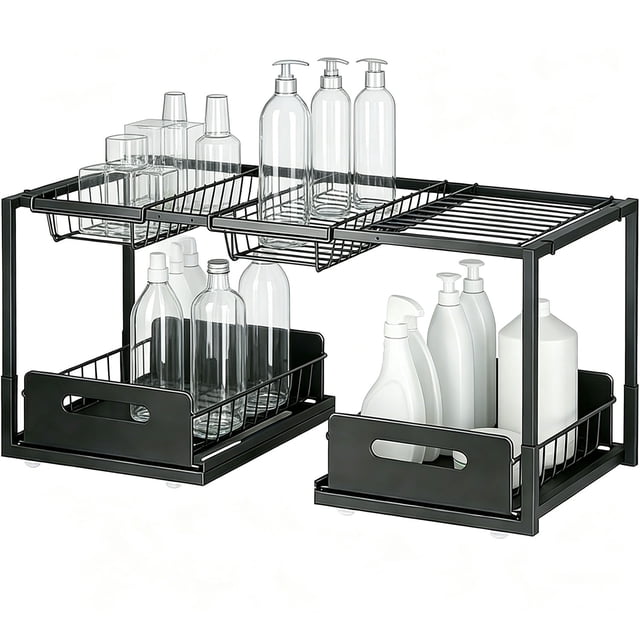 Organizador Bajo Fregadero de 2 Niveles, Estantería de Cocina Extensible, Organizador de Fregadero, Gabinete para Fregaderos, Armarios, Cocinas y Baños (Negra Cesta Doble)