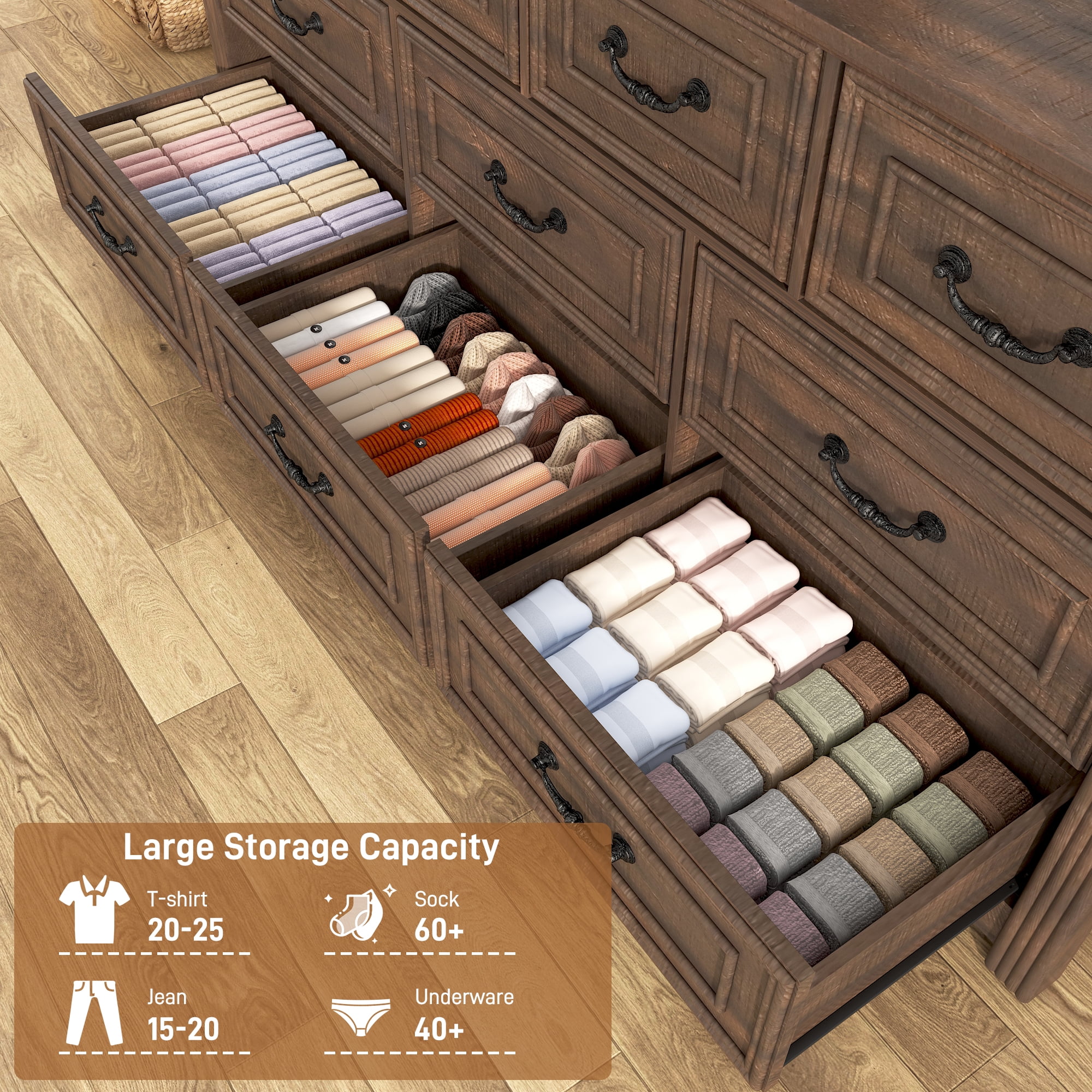ChVans Farmhouse 10 Drawers Dresser for Bedroom, 63'' Wide Wood Rustic Chest of Drawers with Natural Texture, Vintage Design, Large Storage Dressers Organizer for Living Room, Hallway