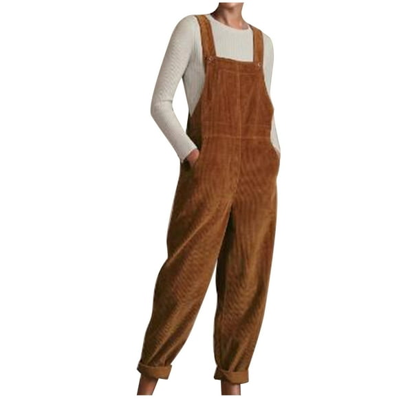 Yuyuzo Womens Corduroy Overalls Button Straps Baggy Bib Pants Corduroy Jumpsuit Casual Rompers with Pockets Coffee