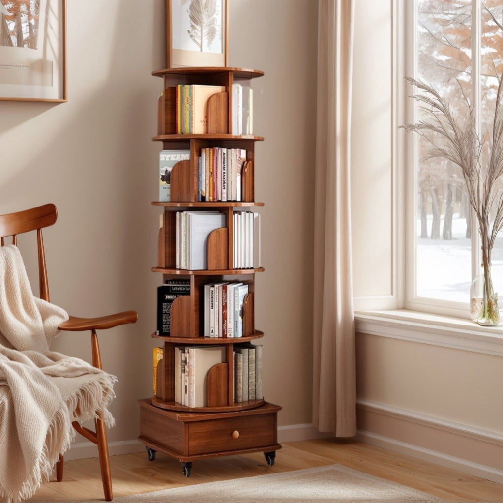 6-Tier Rotating Bookshelf with Wheels, 360° Spinning Corner Bookcase, Modular Space-Saving Storage Rack for Small Spaces, Bedroom, Living Room, Walnut Brown