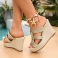 thumbnail image 4 of Rokment Womens Metallic Geometric Platform Wedge Slides Backless Dress Sandals Vintage Beach Boho Espadrilles Chunky High Heels Slip on Summer Shoes Gold Size 6.5, 4 of 6