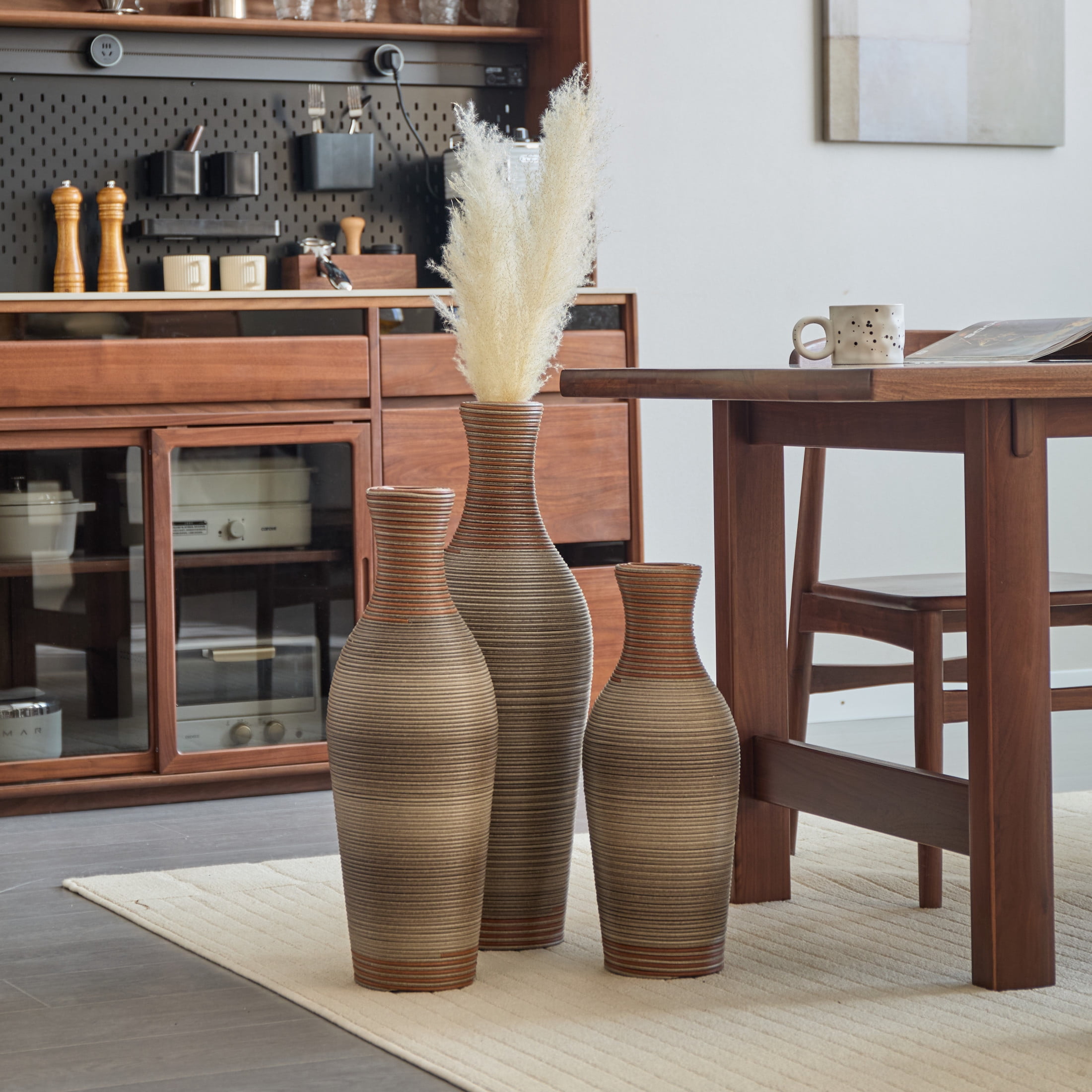 Noble House 28.35", 24.41", 20.47" PVC Rattan Floor Vase Set of 3, Hand-Woven, Brown Gray