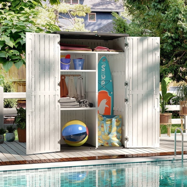 Clouddwell Remise de Rangement Extérieure en Résine de 64 Pi3 avec Tablette, Armoire de Rangement de Patio Étanche, Résistante aux Intempéries et Verrouillable avec Plancher pour Jardin, Cour Arrière, au Bord de la Piscine, Blanc