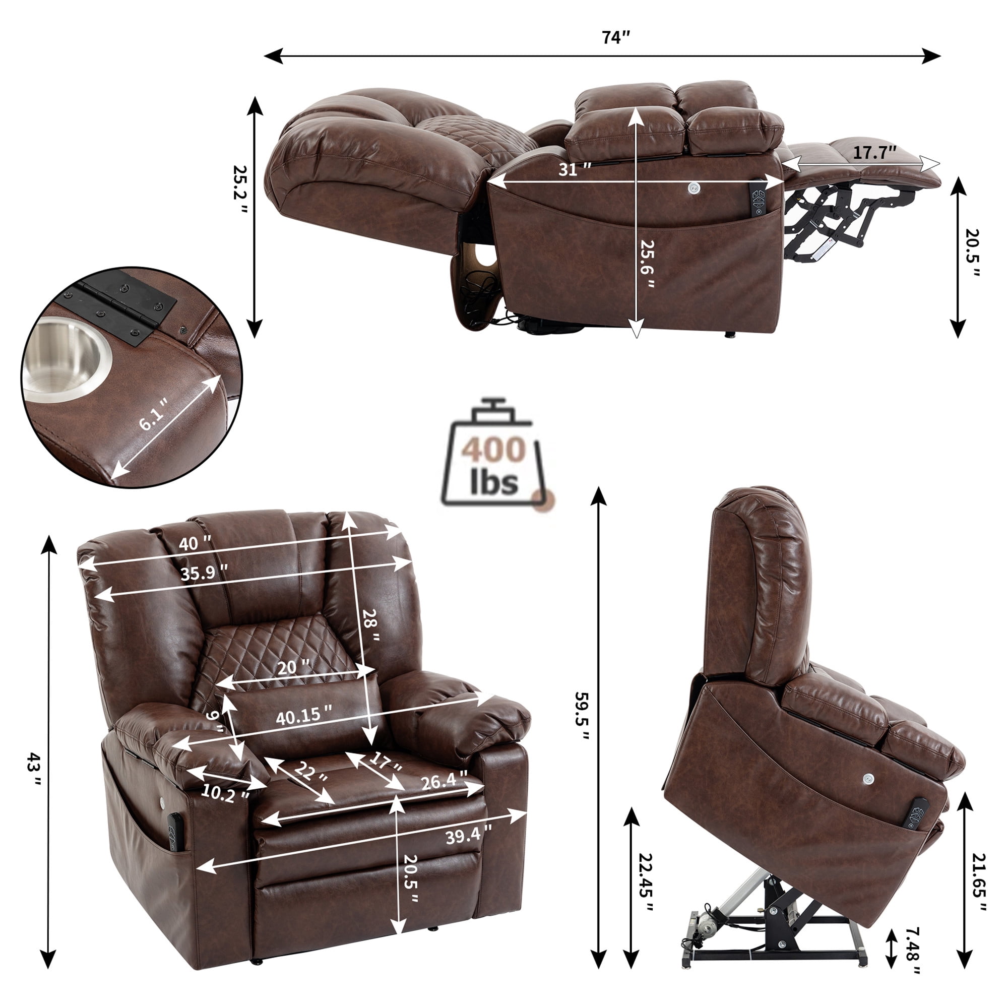 LITVZ Air Compression Waist Massage Recliner for Elderly, Big Man Recliner 400 lbs Heavy Duty, Oversized Power Lift Recliner Chair with Airbag Massage & Heating, Lay Flat 180° for Family