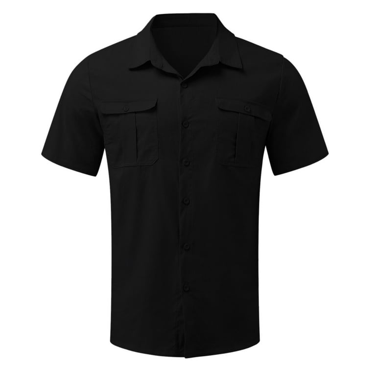 Men's Cotton Linen Shirt Casual Solid Top Shirt Elegant Double Pocket Short  Sleeve Turn Down Collar Shirt