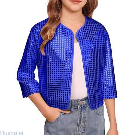 Huanglei Girls Carnival Cheerleader Stage Performance Jacket With Sequins And Polka Design Sparkly Open Front Cardigan Kids Summer Tops 7-8 Years Blue