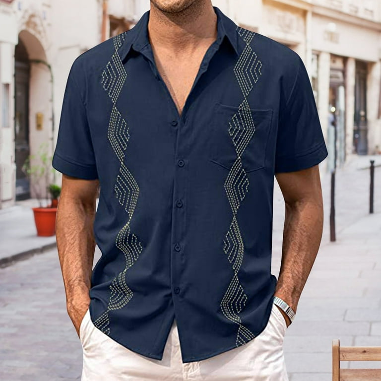 Men Shirts Summer Casual Loose Beach Embroidered Short Sleeve Classic Shirt  Office Work Shirt