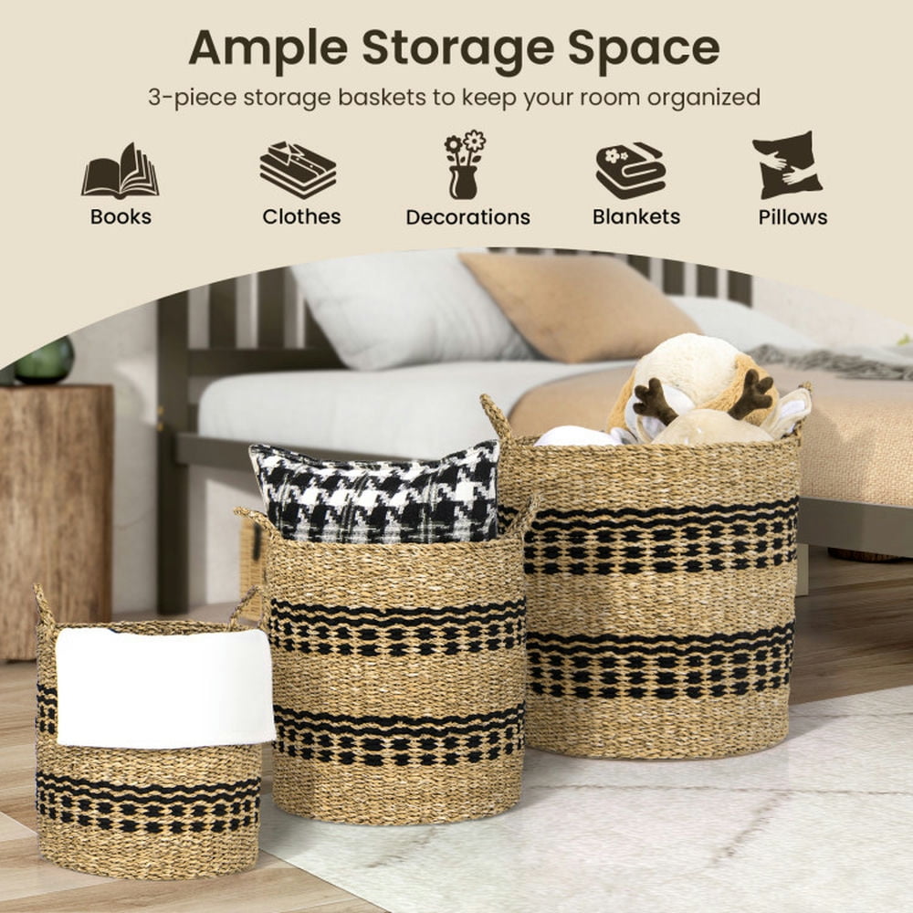 Finihen Laundry Hamper, Laundry Basket, Seagrass Basket Set of 3 Stackable Storage Bins with Handles Woven Round Basket-M, for Bathroom, Laundry Room, Natural Finihen Laundry Hamper, Laundry Basket, Seagrass Basket Set of 3 Stackable Storage Bins with Handles Woven Round Basket-M, for Bathroom, Laundry Room, Natural