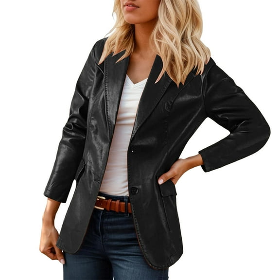 UJNDER Plus Size Coat V Neck Design with Pockets for Everyday Wear for Spring and Summer Pairs Well with Jeans Easy Care Lapel PU Leather Coats for Women Black XXXL