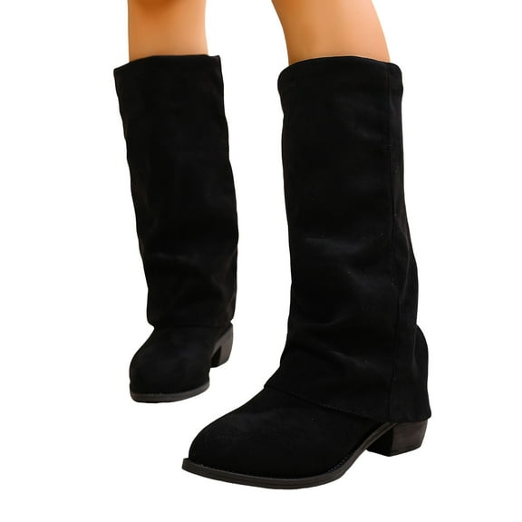 Rokment Slouchy Wide Calf Foldver Boots for Women Fall Winter Fashion Casual Suede Pointed Toe Chunky Mid Heel Knee High Fold over Tall Boots Black Size 6