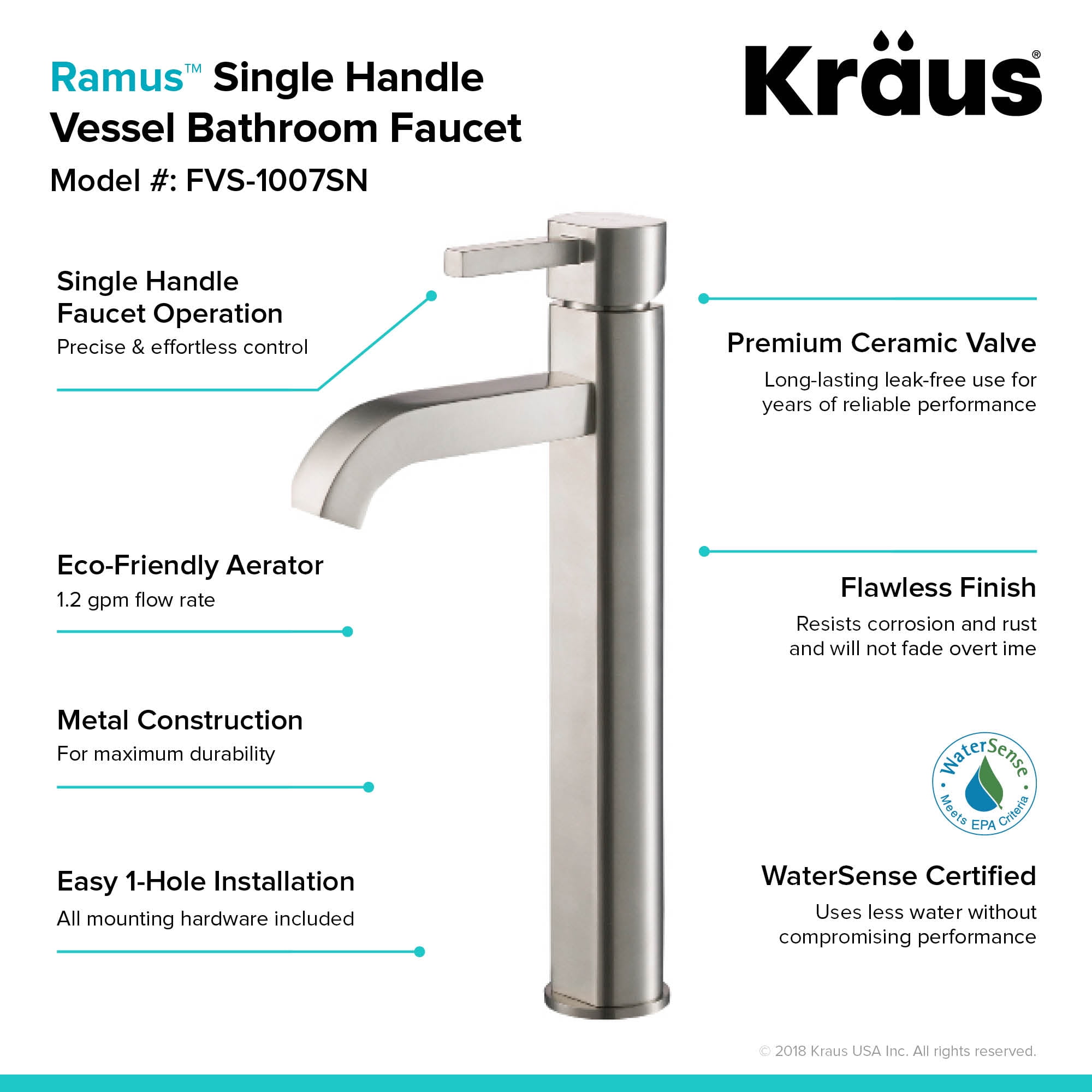 KRAUS Ramus Tall Vessel Bathroom Faucet, Satin Nickel Finish