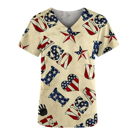 

Womens Professional Work Tops Scrub Shirts for Women with 2 Front Pockets Short Sleeve V-Neck Graphic Blouses